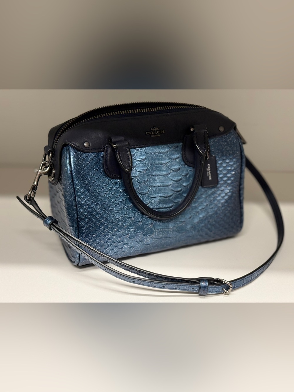 Coach Metallic Blue Snake Embossed Leather Mini Bennett Satchel Crossbody Bag